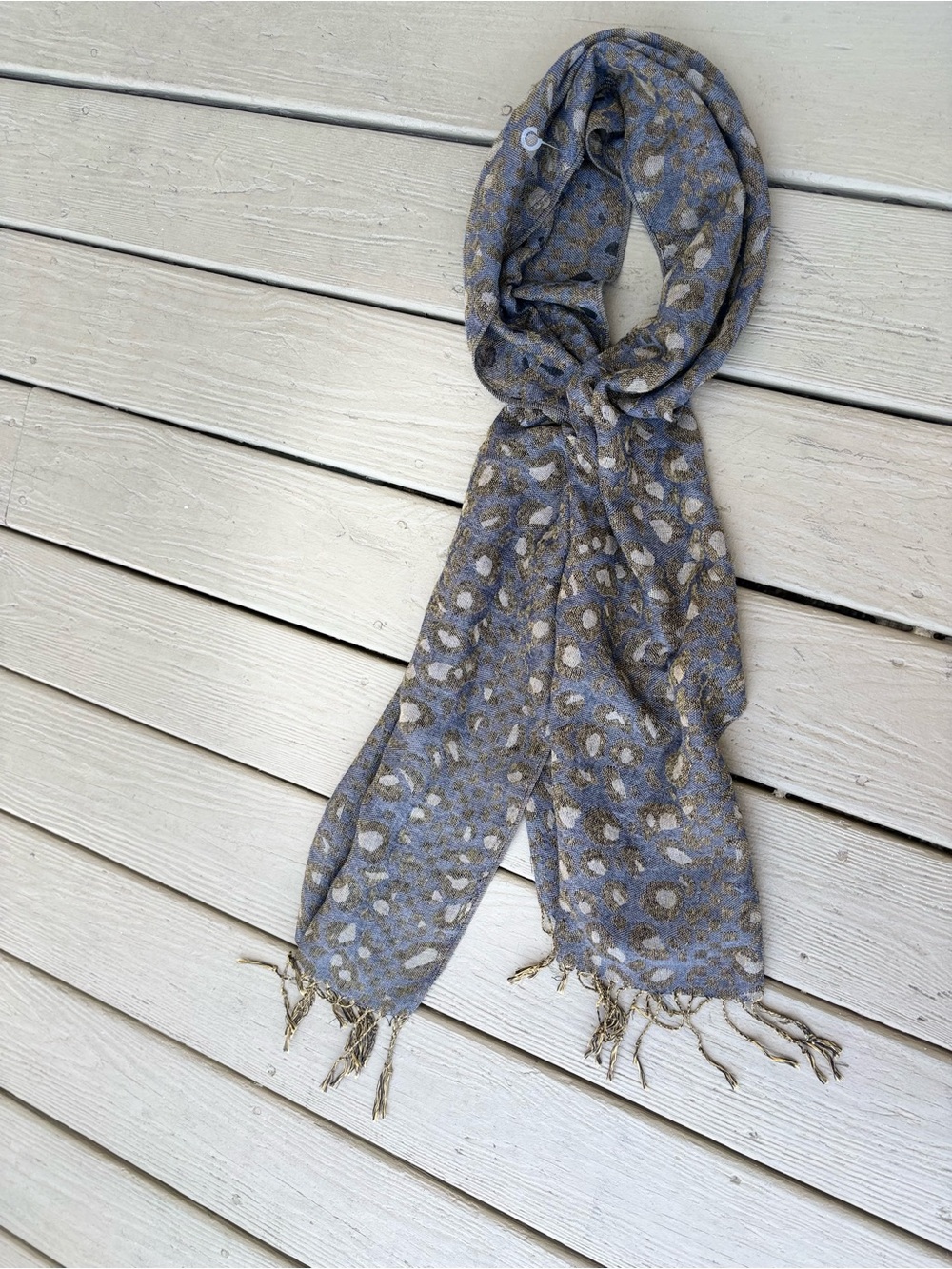 NWOT Unisex Gray/Black/Gold Patterned Long Scarf with Fringes, Size: 68” x 13”